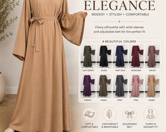May include: A camel-colored floor-length dress with wide sleeves and a matching tie belt. The text reads: TIMELESS ELEGANCE, MODEST, STYLISH, COMFORTABLE, 9 BEAUTIFUL COLORS, ONE SIZE FITS MOST, LENGTH 145 CM / 57.1 IN, BUST UP TO 120 CM / 47.2 IN.