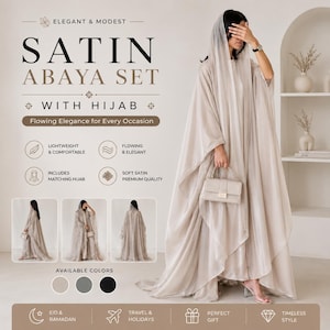 Puede incluir: Un conjunto de abaya de satén beige que incluye una túnica larga y fluida con mangas anchas y un hiyab a juego. El conjunto incluye un bolso estructurado y se presenta con textos que detallan características como la tela ligera y de calidad.
