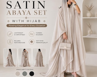 May include: A beige satin abaya set featuring a long, flowing robe with wide sleeves and a matching hijab. The set includes a structured handbag and is presented with text overlays detailing features like lightweight fabric and premium quality satin.