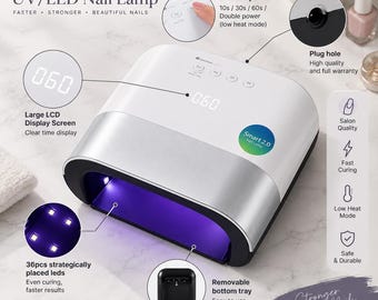 May include: A white and silver Smart 2.0 UV/LED nail lamp featuring a large LCD display screen, 36 strategically placed LED lights, and a removable bottom tray. The device includes button operations for 10s, 30s, 60s, and low heat mode.