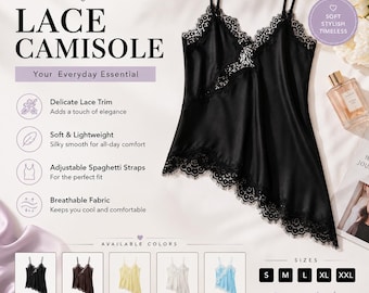 May include: A black camisole featuring delicate lace trim along the V-neckline and an asymmetrical hem. The garment has thin adjustable spaghetti straps. Text on the image includes "LACE CAMISOLE," "Delicate Lace Trim," "Soft & Lightweight," "Adjustable Spaghetti Straps," and "Breathable Fabric."