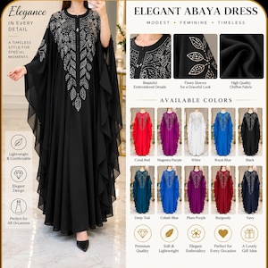 May include: A black abaya dress featuring a round neckline and long, flowy sleeves. The front of the garment is decorated with an intricate silver-toned leaf-patterned embroidery embellished with small crystals. The dress has a loose, floor-length silhouette.