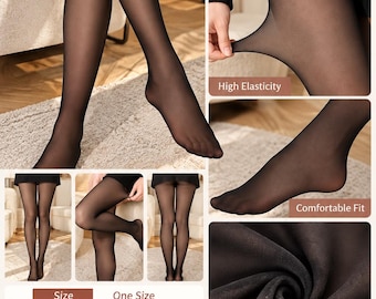 May include: Sheer black tights featuring a semi-transparent finish. The product display includes text labels for breathable, soft, comfortable, good elasticity, and durable features. A size chart indicates one size fits XS to M with a diagram.