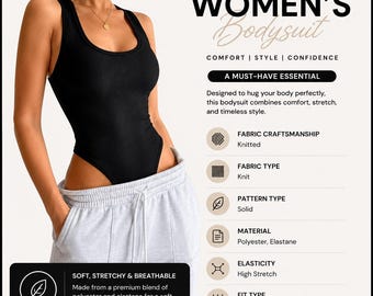 May include: A black sleeveless bodysuit with a scoop neckline and high-cut leg openings. The text on the image reads: WOMEN'S Bodysuit, COMFORT | STYLE | CONFIDENCE, A MUST-HAVE ESSENTIAL, FABRIC CRAFTSMANSHIP Knitted, FABRIC TYPE Knit, SOLID, POLYESTER, ELASTANE, HIGH STRETCH, SLIM FIT.