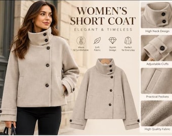 May include: A beige short coat featuring a high neck design, dark buttons, and adjustable cuffs. The coat includes practical pockets and a textured fabric. Text on the image reads: WOMEN'S SHORT COAT, ELEGANT & TIMLESS, Warm & Comfortable, Soft Fabric, Stylish Design, Perfect for Everyday, High Neck Design, Adjustable Cuffs, Practical Pockets, High Quality Fabric.