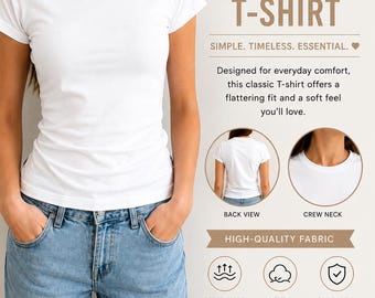May include: A plain white short-sleeved t-shirt paired with light blue denim jeans. The image includes text: WOMEN'S CLASSIC T-SHIRT, SIMPLE. TIMELESS. ESSENTIAL., BACK VIEW, CREW NECK, HIGH-QUALITY FABRIC, BREATHABLE COMFORT, SOFT & LIGHTWEIGHT, DURABLE & LONG-LASTING, PERFECT FOR ANY OCCASION, CASUAL, SPORT, WORK, LOUNGE.