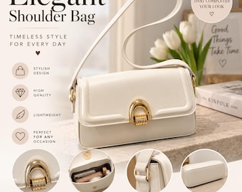 May include: A cream-colored shoulder bag with a gold-tone arched metal clasp on the front flap. The bag features a single shoulder strap, a structured rectangular body, and a smooth finish. Text on the image includes Elegant Shoulder Bag.