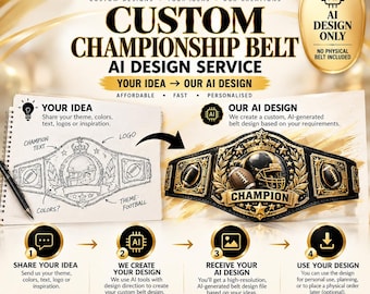 Può includere: Un grafico digitale per un servizio di progettazione di cinture da campionato tramite IA. Mostra uno schizzo di una cintura a tema football, un design finale dorato e nero generato dall'IA e una guida in quattro fasi. Testo: PersonalisedHubPk.
