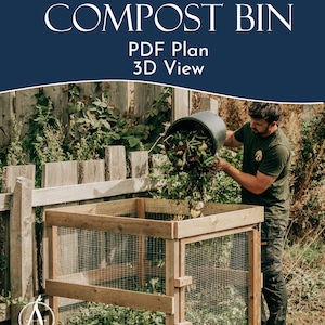 May include: A square compost bin constructed from light-colored wooden framing and wire mesh siding. The text "EASY DIY COMPOST BIN PDF Plan 3D View" is displayed at the top of the image. The bin is filled with organic garden waste.