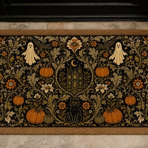 May include: A rectangular doormat featuring a black background with an intricate botanical pattern of orange pumpkins, green leaves, and flowers. The design includes two white ghosts, a central haunted house, a crescent moon, and a black cat.