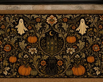 Könnte beinhalten: Eine rechteckige Fußmatte mit schwarzem Hintergrund und einem komplizierten botanischen Muster aus orangefarbenen Blumen und grünen Blättern. Das Design zeigt ein zentrales Spukhaus, eine schwarze Katze, zwei Geister und Kürbisse.