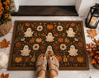 Puede incluir: Un felpudo rectangular con fondo marrón oscuro y un patrón repetitivo de fantasmas blancos, calabazas naranjas y diversas flores otoñales en tonos amarillos, naranjas y marrones. La alfombra tiene un borde sólido de color marrón oscuro.