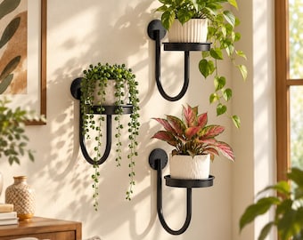 3 Piece Wall Plant Holders | Black Heavy-Duty Metal Planter Shelves | Space Saving