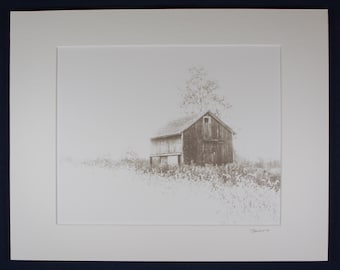 Barn on a hill black and white matted inkjet print