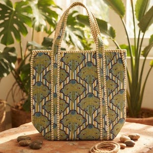 May include: A rectangular tote bag featuring a quilted texture with a repeating pattern of green and blue scalloped shapes over vertical white and yellow stripes. The bag includes two matching fabric handles with a striped trim along the edges.