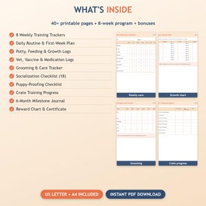 May include: A digital puppy training planner featuring 40+ printable pages, an 8-week programme, and bonuses. Includes trackers for daily routine, potty, feeding, growth, vet, vaccines, medication, grooming, socialisation, crate training, and milestones.