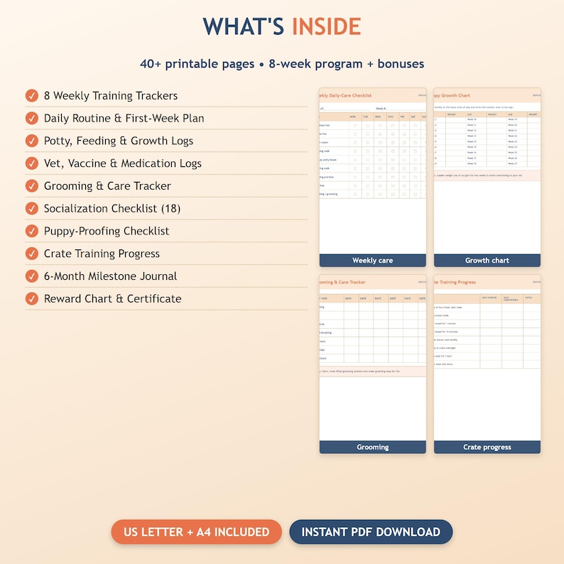 May include: A digital puppy training planner featuring 40+ printable pages, an 8-week programme, and bonuses. Includes trackers for daily routine, potty, feeding, growth, vet, vaccines, medication, grooming, socialisation, crate training, and milestones.