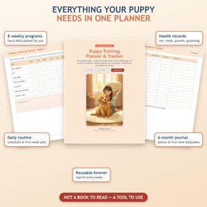 May include: A puppy training planner and tracker with printable pages including weekly training trackers, health records, and a 6-month journal. The cover features an illustration of a person hugging a golden puppy. Text includes Everything Your Puppy Needs In One Planner.