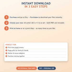 May include: An instructional graphic titled INSTANT DOWNLOAD IN 3 EASY STEPS. It lists three numbered steps for downloading and printing files, including A4 size. A section labelled PERFECT FOR lists four bullet points with tick icons.