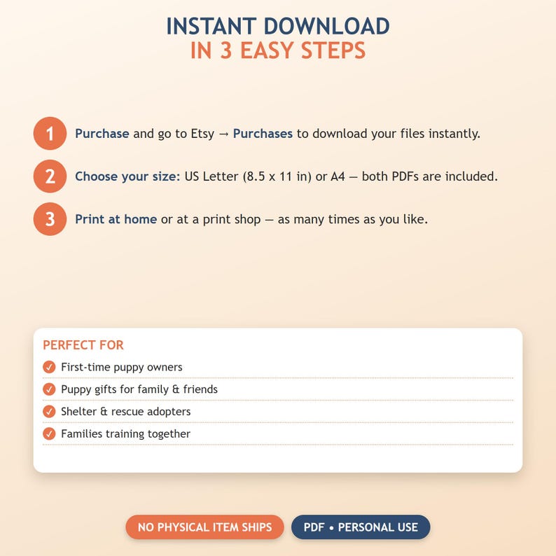 May include: An instructional graphic titled INSTANT DOWNLOAD IN 3 EASY STEPS. It lists three numbered steps for downloading and printing files, including A4 size. A section labelled PERFECT FOR lists four bullet points with tick icons.