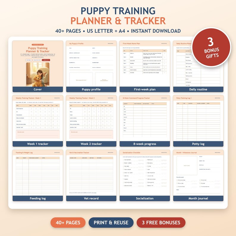 May include: A digital puppy training planner and tracker featuring 40 pages in US Letter and A4 sizes. The layout includes a cover, puppy profile, weekly trackers, command progress, potty log, feeding log, vet record, and milestone journal.
