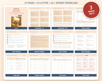 May include: A digital collection of Dog Training Cheat Sheets featuring 27 pages of instructional content, including commands, crate training, leash walking, body language, a 7-day plan, a weekly tracker, vet records, and a list of toxic foods.