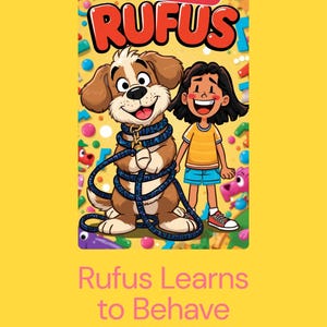 Op de afbeelding: Een boekomslag getiteld Rufus Learns to Behave, met een cartoon bruine en witte hond verstrikt in een blauwe riem naast een lachend kind. De achtergrond is geel met kleurrijke vormen en een rode banner leest NEW! Practice Pages Inside.
