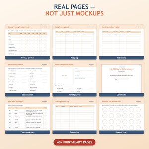 May include: A collection of printable puppy training planner pages including a weekly tracker, potty log, vet record, socialisation checklist, month journal, certificate of achievement, first-week plan, training session log, and a reward chart.