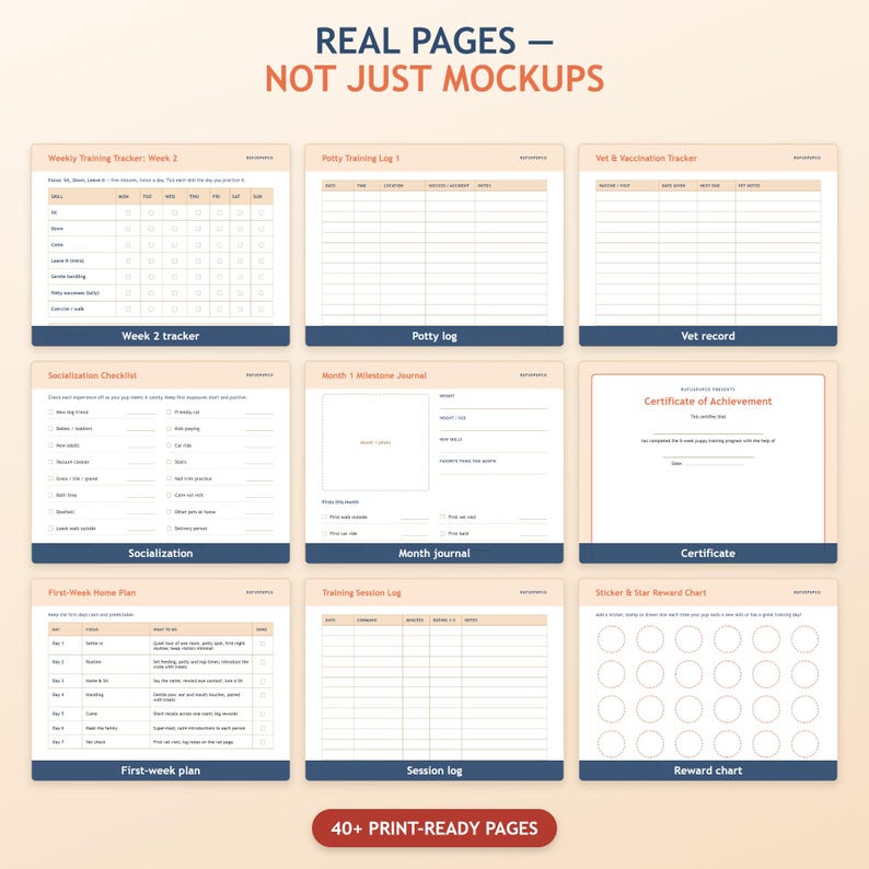 May include: A collection of printable puppy training planner pages including a weekly tracker, potty log, vet record, socialisation checklist, month journal, certificate of achievement, first-week plan, training session log, and a reward chart.