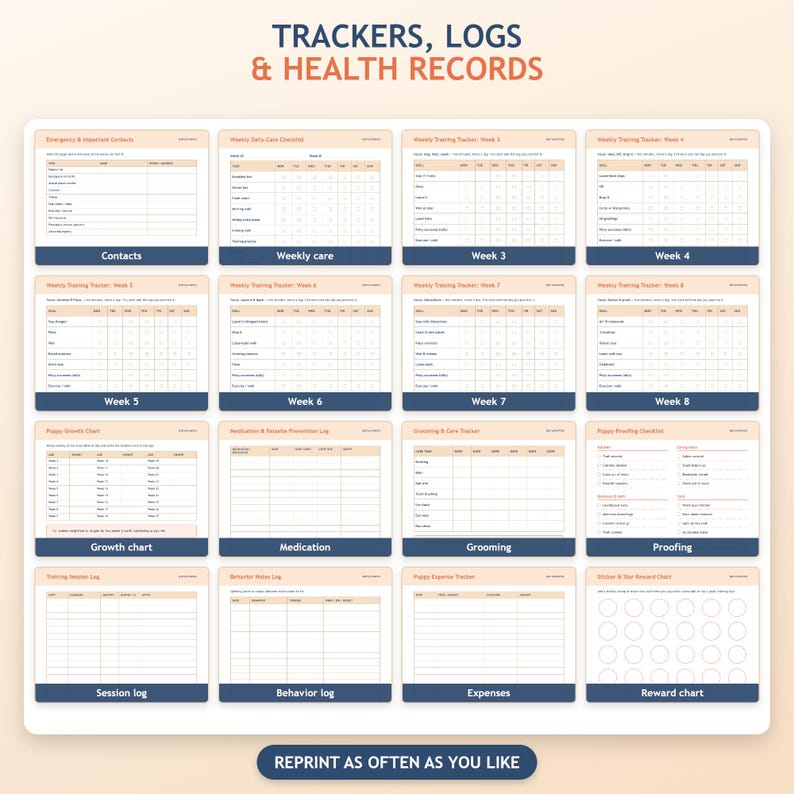 May include: A collection of sixteen printable tracker and log sheets titled Trackers, Logs & Health Records. Each sheet features a grid layout for recording puppy care, training progress, growth, medication, grooming, and rewards, with a bottom note stating Reprint as often as you like.