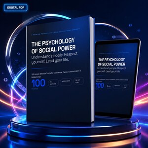 Pode incluir: Um manual digital em formato PDF intitulado The Psychology of Social Power, com o subtítulo Understand people. Respect yourself. Lead your life. A capa apresenta 100 Human Behavior Truths for Confidence, Career, Communication & Relationships.
