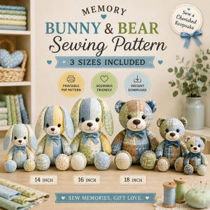 Patrón de costura para peluches de conejo y oso – 3 tamaños (35,5 cm, 40,6 cm, 45,7 cm) PDF