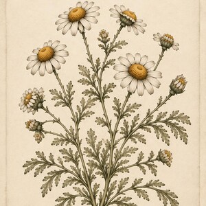 May include: A botanical illustration of a chamomile plant with white petals and yellow centers, featuring green feathery leaves. The text CHAMOMILE and Matricaria chamomilla is printed at the top against a light beige, textured paper background.