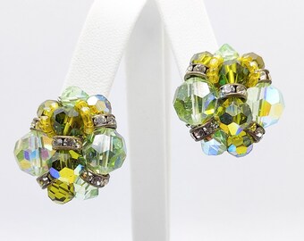 Vintage Vendome Green AB Bead Clip Earrings Rondelle Rhinstone Spacer Beads