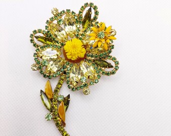 Vintage Alice Caviness Green Rhinestone Flower Brooch Celluloid Enamel Accents Unsigned