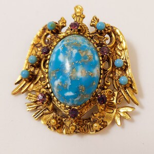 Vintage FLORENZA Faux Turquoise Cabochon Heraldic Goldtone Brooch image 5