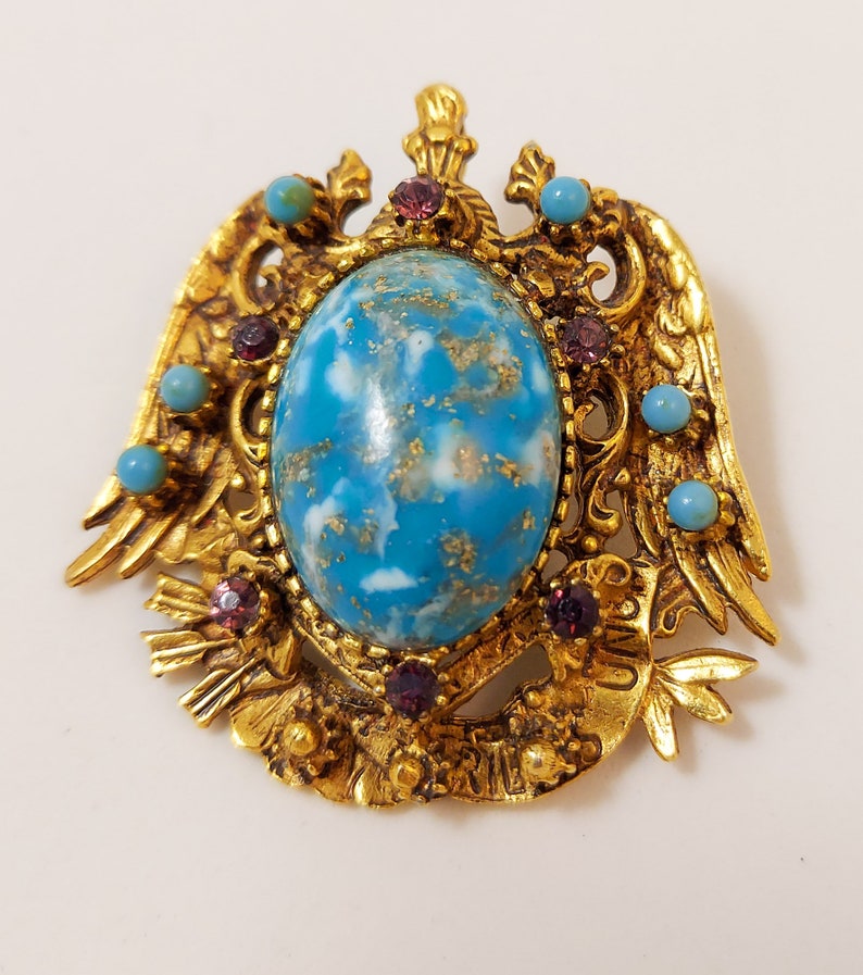 Vintage FLORENZA Faux Turquoise Cabochon Heraldic Goldtone Brooch image 5