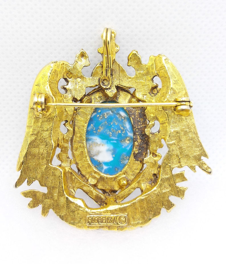 Vintage FLORENZA Faux Turquoise Cabochon Heraldic Goldtone Brooch image 8