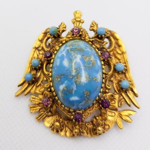 Vintage FLORENZA Faux Turquoise Cabochon Heraldic Goldtone Brooch image 6