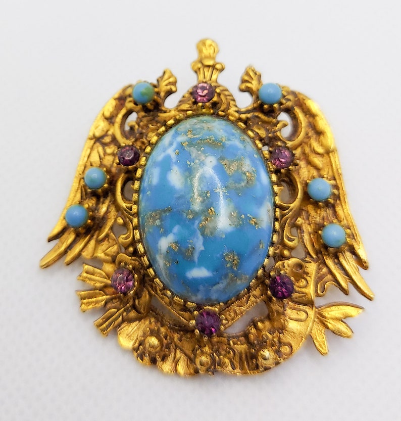 Vintage FLORENZA Faux Turquoise Cabochon Heraldic Goldtone Brooch image 6