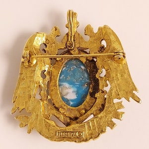 Vintage FLORENZA Faux Turquoise Cabochon Heraldic Goldtone Brooch image 7