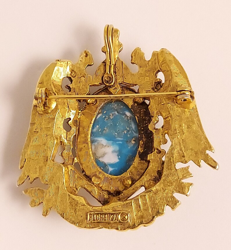 Vintage FLORENZA Faux Turquoise Cabochon Heraldic Goldtone Brooch image 7