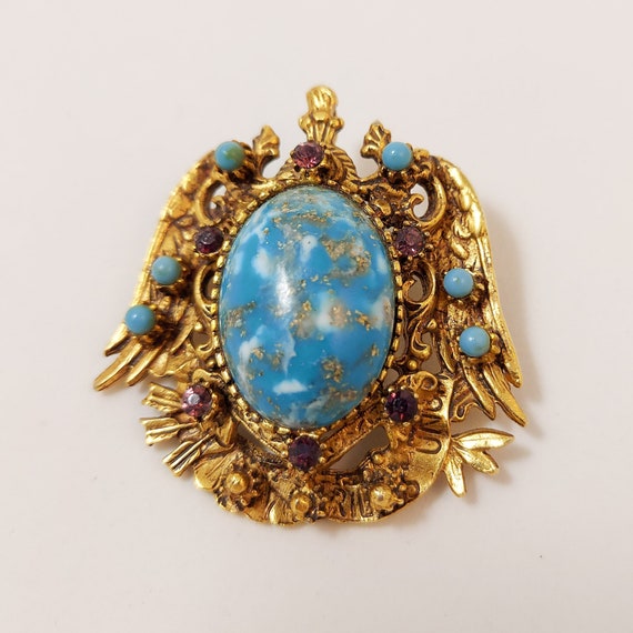 Vintage FLORENZA Faux Turquoise Cabochon Heraldic… - image 1