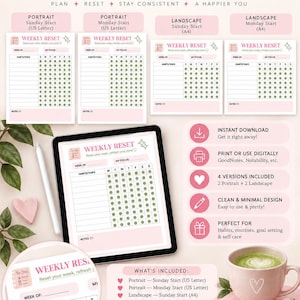 May include: A digital weekly reset habit tracker planner set featuring four layout variations in portrait and landscape orientations. The design includes sections for habits, tasks, and notes with a soft pink and green color palette and text.