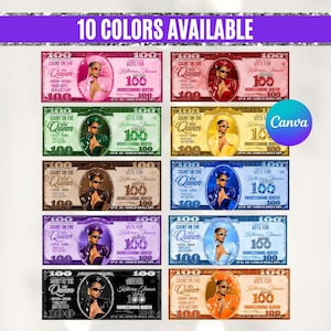 May include: A collection of ten rectangular graphic designs resembling one hundred dollar bills in various colors including pink, red, green, gold, brown, blue, purple, light blue, black, and orange, each featuring a portrait and text.