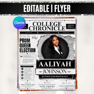 Pode incluir: Um modelo de folheto editável intitulado College Chronicle para uma eleição de rainha do baile. Apresenta um layout em estilo de jornal em preto e branco com um retrato circular de uma pessoa de blazer, texto para Aaliyah Johnson e detalhes.