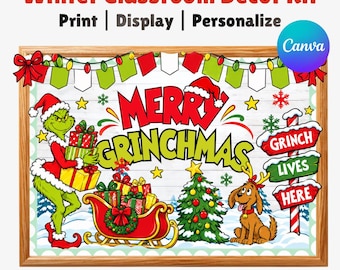 May include: A Winter Classroom Decor Kit featuring the text Merry Grinchmas. The design includes a green character in a red Santa suit holding gifts, a red sleigh, a decorated Christmas tree, a brown dog with antlers, and a sign reading Grinch Lives Here.