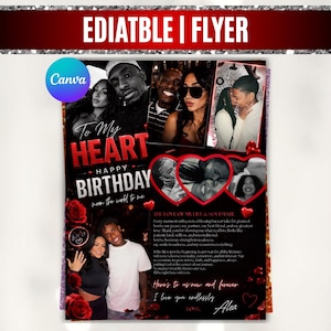 May include: A digital birthday flyer template featuring a black and red color scheme with multiple photo frames. The text reads To My Heart Happy Birthday, along with a heartfelt message. Red roses and heart graphics decorate the layout, which includes a Canva logo in the corner and the text Editable Flyer at the top.