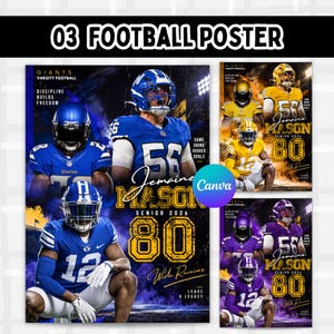 May include: A digital sports poster featuring football players in blue and yellow uniforms. The text includes "Jemaine Mason", "Senior 2026", "Wide Receiver", "Giants Varsity Football", "Discipline Builds Freedom", "Same Grind Higher Goals", and "Leave a Legacy".