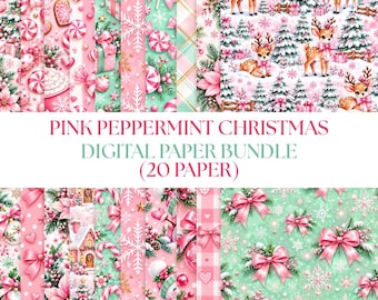 May include: A digital paper bundle featuring 20 sheets with pink and mint green Christmas patterns, including reindeer, peppermint candies, snowflakes, bows, and gingerbread houses. The text reads PINK PEPPERMINT CHRISTMAS DIGITAL PAPER BUNDLE (20 PAPER).